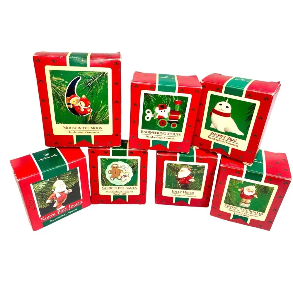 Lot of 7  Hallmark Keepsake Ornaments Vintage 80s Assorted Santa Seal Train